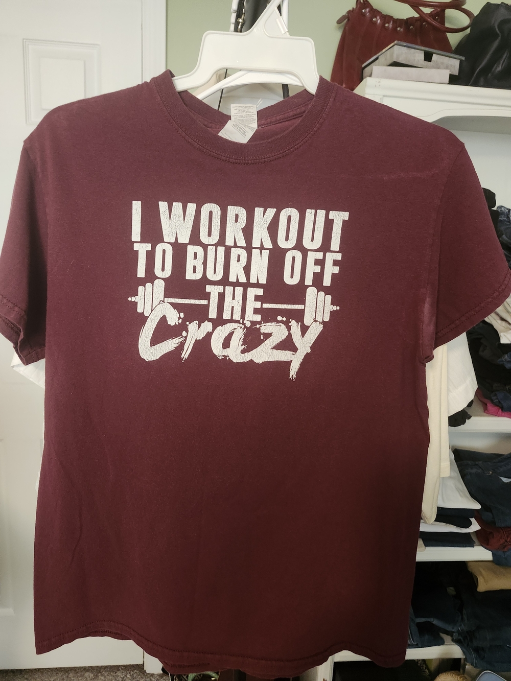 Maroon Men's Workout Graphic Tee - 'I Workout to Burn Off the Crazy'
